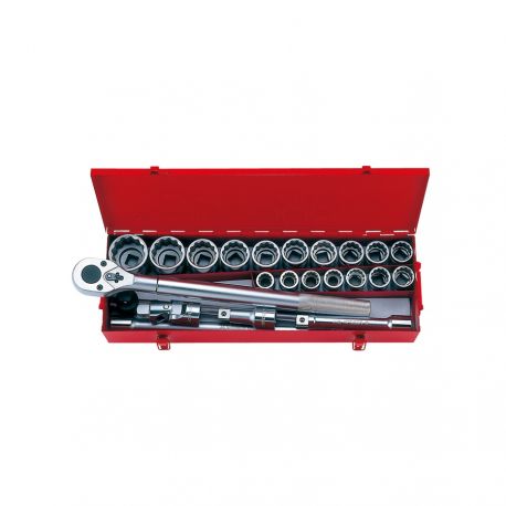 ZESTAW NASADEK 3/4" (23 CZĘŚCI), KRÓTKIE 12-kąt. 21 - 50 MM Z GRZECHOTKĄ I AKCESORIAMI, KASETA KING TONY